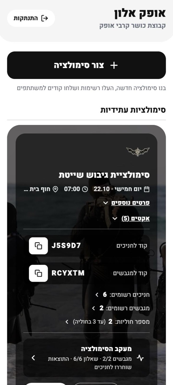 פאנל המנהל: כרטיס סימולציה עם קוד לחניכים, קוד למגבשים, 6 חניכים, 2 מגבשים ו־2 חוליות