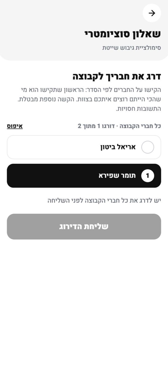 מסך השאלון הסוציומטרי: חניך מדרג את חברי הקבוצה לפי הסדר